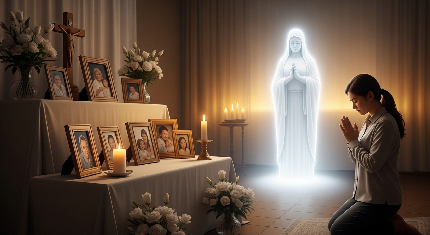 Una mujer arrodillada ora frente a un altar con fotos de seres queridos, flores blancas, velas encendidas y un crucifijo. Frente a ella, aparece una figura espiritual luminosa con expresión serena y manos en oración, simbolizando una presencia divina o espiritual.