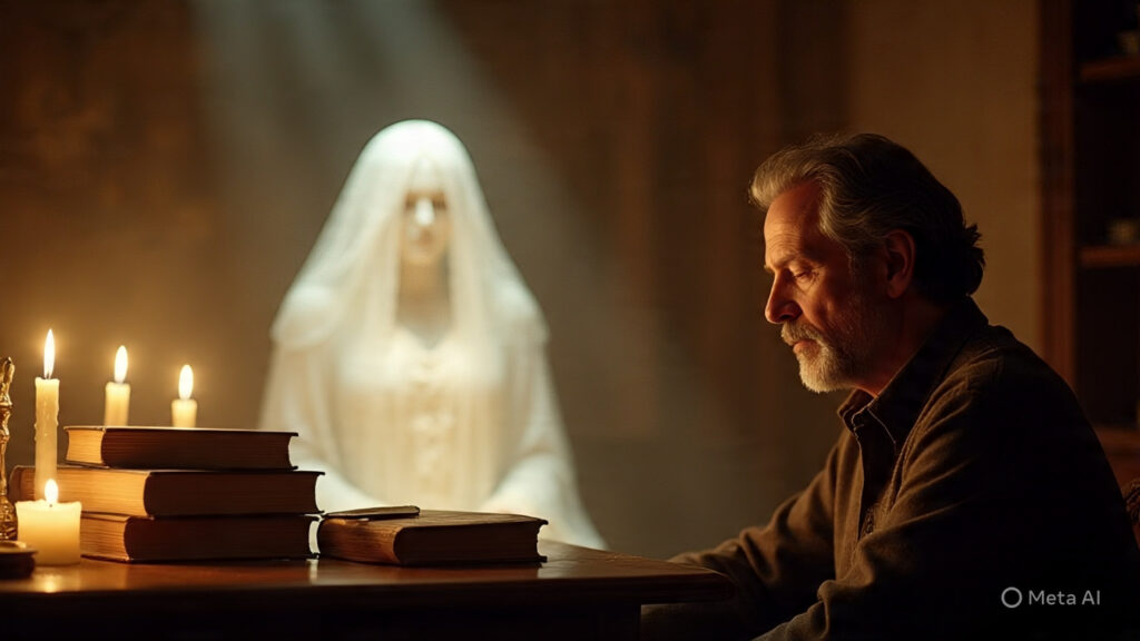 Hombre pensativo sentado a la mesa con libros y velas encendidas, mientras al fondo aparece la figura luminosa de una mujer vestida de blanco, evocando una presencia espiritual.