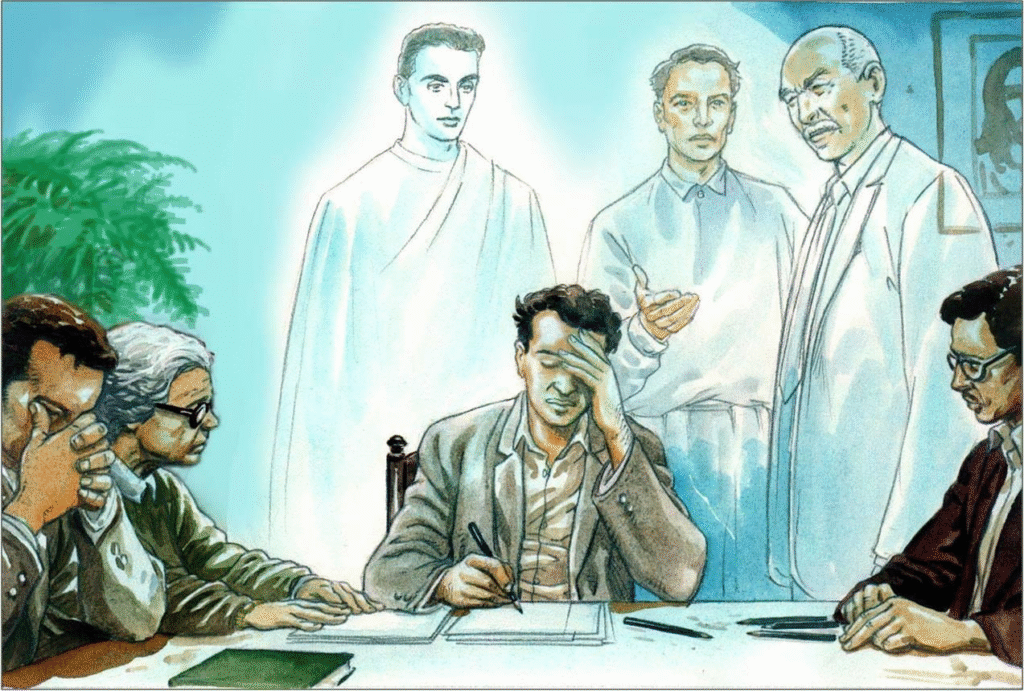 Escena mediúmnica con un hombre escribiendo con los ojos cerrados en el centro, apoyando la frente con la mano, mientras espíritus luminosos se encuentran detrás guiando el trabajo; alrededor de la mesa, otras personas observan en silencio y concentración.