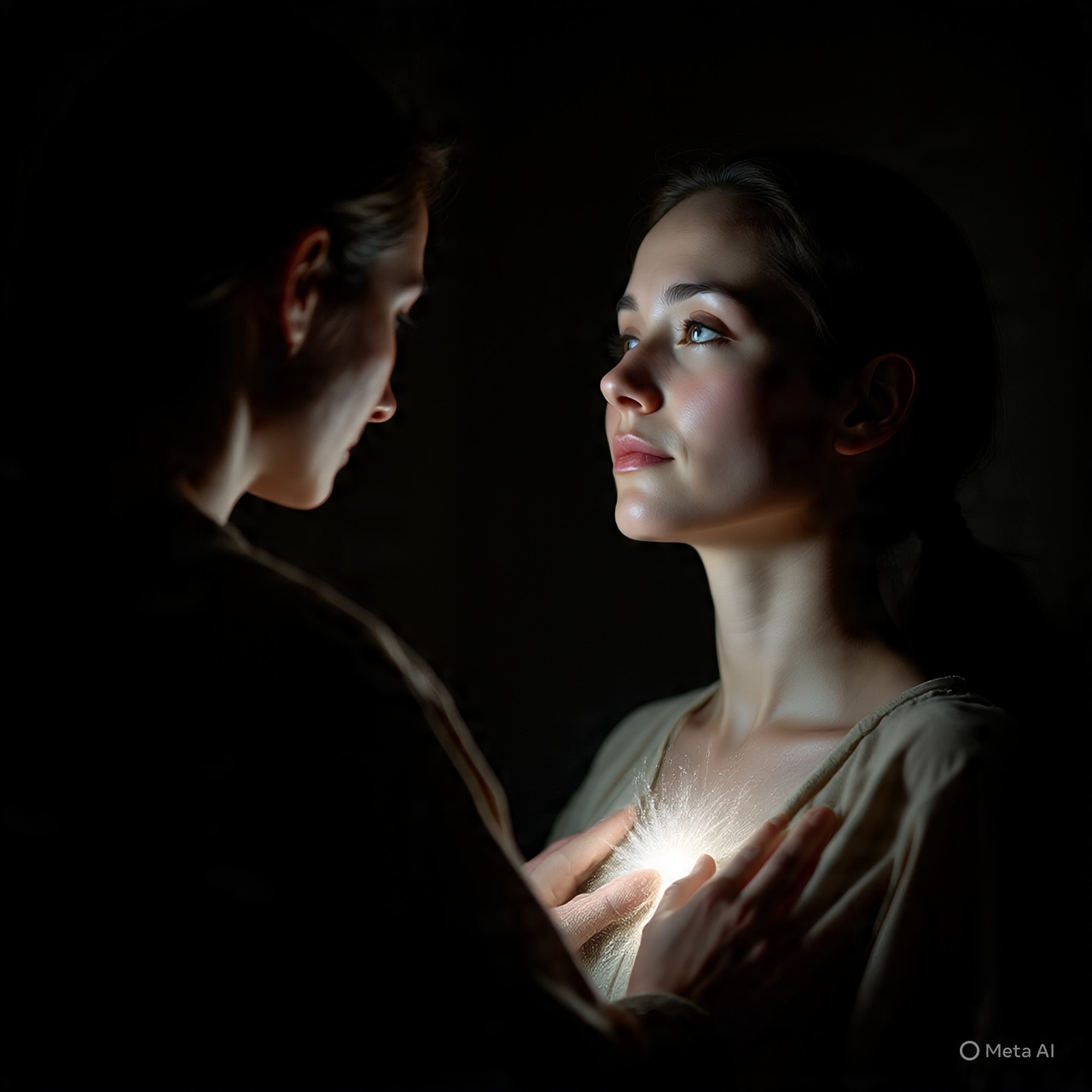 Una persona caminando sola por un sendero en el bosque al amanecer, con rayos dorados de sol atravesando los altos árboles, creando una atmósfera serena y espiritual.