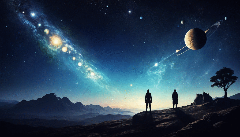 Dos figuras en silueta de pie sobre una cresta montañosa al anochecer, contemplando un cielo estrellado lleno de planetas y galaxias.