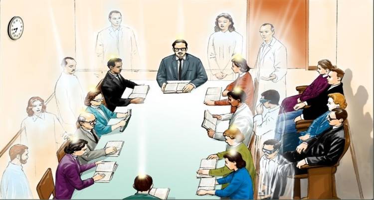 Grupo reunido alrededor de una mesa larga en una reunión mediúmnica, leyendo libros espirituales, mientras varios espíritus translúcidos los rodean irradiando luz.