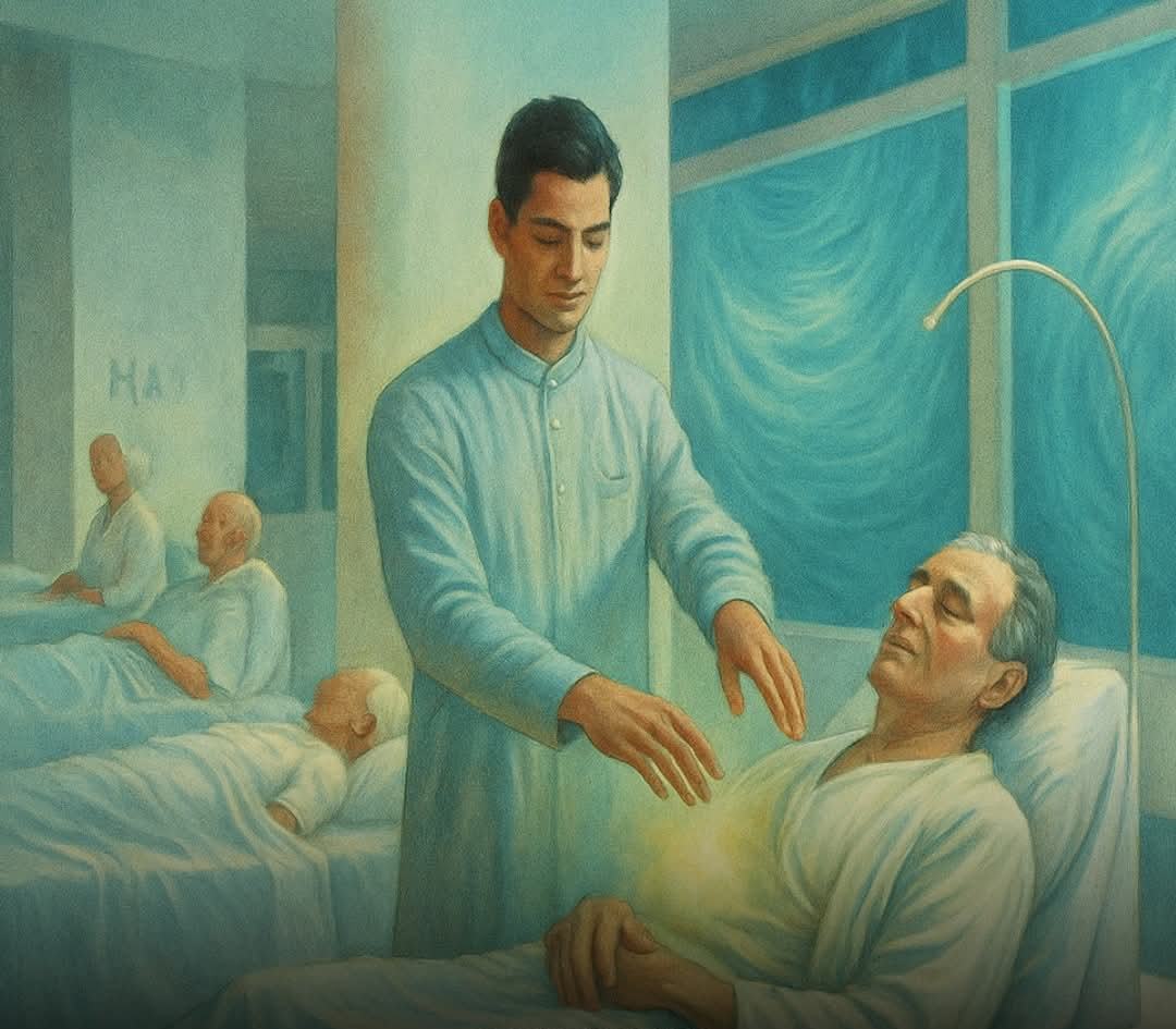 Ilustración espiritual que muestra a un joven realizando una sanación energética (pase espiritual) sobre un paciente postrado en cama, con las manos extendidas sobre el pecho del hombre, emitiendo luz. En el fondo, otros pacientes descansan en un ambiente tranquilo similar a un hospital, sugiriendo un ámbito espiritual de cuidado y sanación.