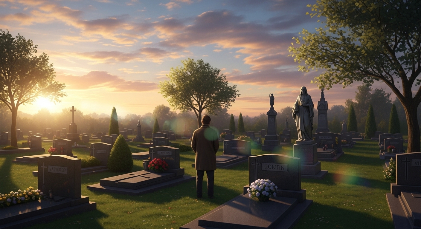 Hombre de espaldas, de pie entre tumbas y estatuas en un cementerio con árboles al atardecer, contemplando el horizonte con aire de reflexión y nostalgia.