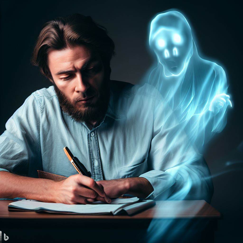 Hombre con barba escribiendo atentamente en un cuaderno, con la presencia translúcida de un espíritu a su lado, representando el fenómeno de la psicografía.
