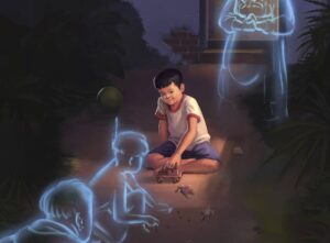 Ilustración de mediumnidad infantil que muestra a un niño jugando con un coche de juguete y muñecos en el suelo por la noche, rodeado de figuras espirituales translúcidas de niños y una mujer observando.