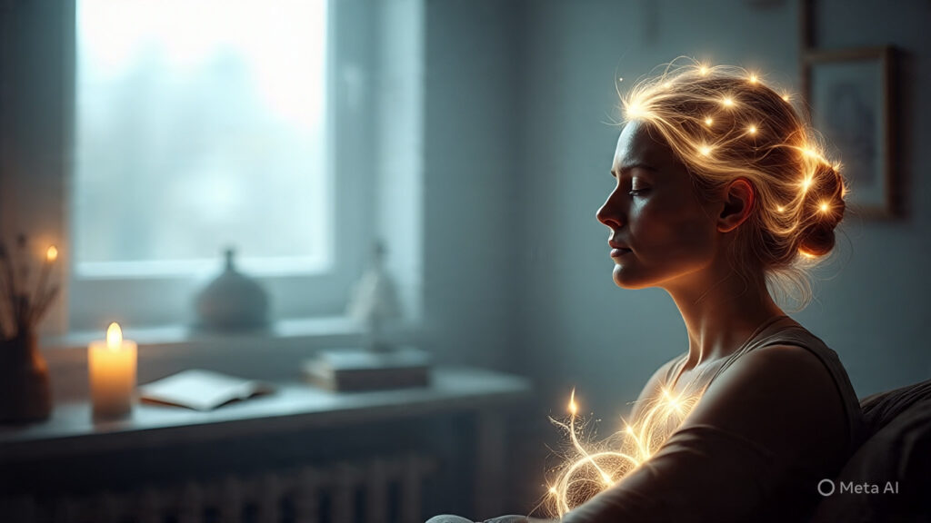 Escena artística de una mujer meditando en una habitación tenuemente iluminada, con los ojos cerrados y expresión de paz interior. Luces doradas fluyen por su cabello y pecho, simbolizando energía espiritual y conexión intuitiva
